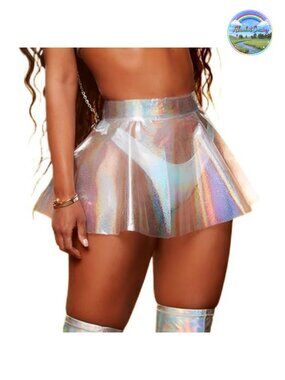 Holographic Flared Mini Skirt Transparent PVC Metallic Rave Festival Costume